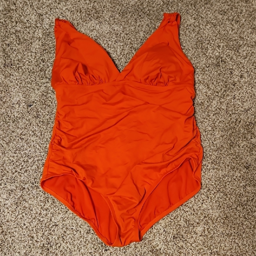 Time and Tru Red and Orange One Piece Swimsuit with Plunging V-neckline